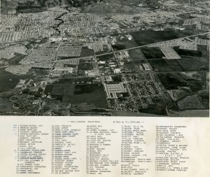 Aerial view of San Leandro, California with list of Industries, 1953 